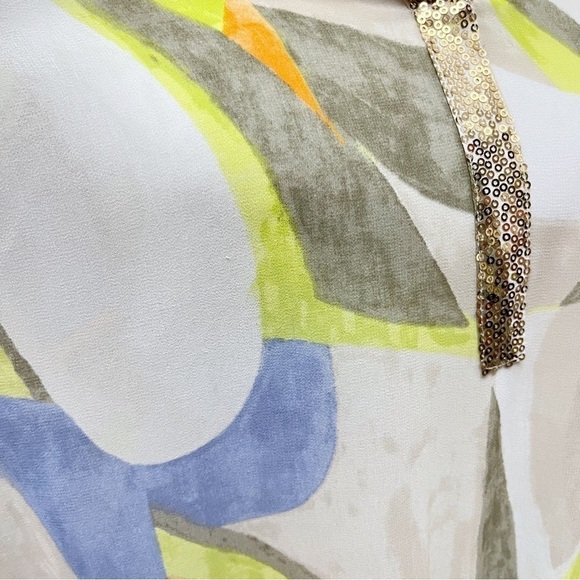 Chico’s Womens Large Geometric Print Gold Sequined Placket Front Knot Tie Blouse - Picture 7 of 9